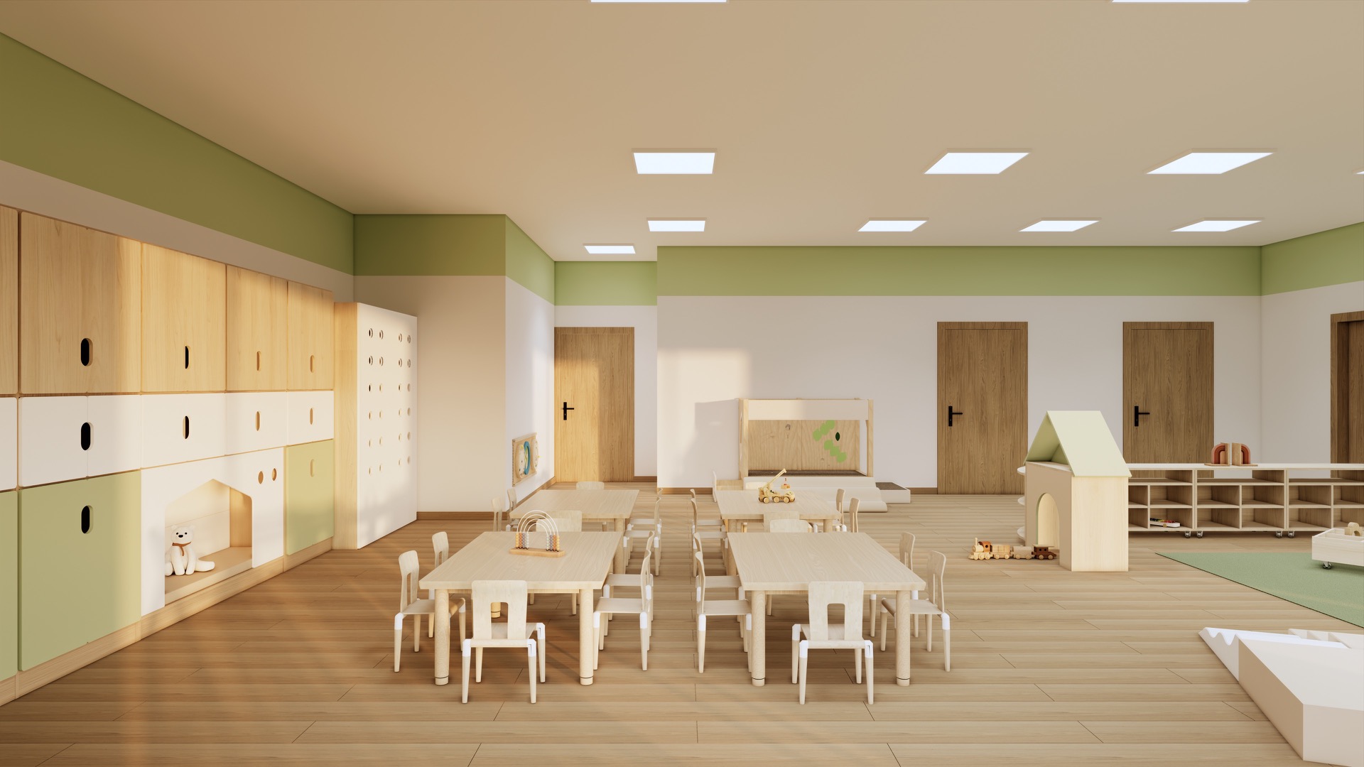 Sala zabaw z oknami, dywanem i drewnianym wyposażeniem