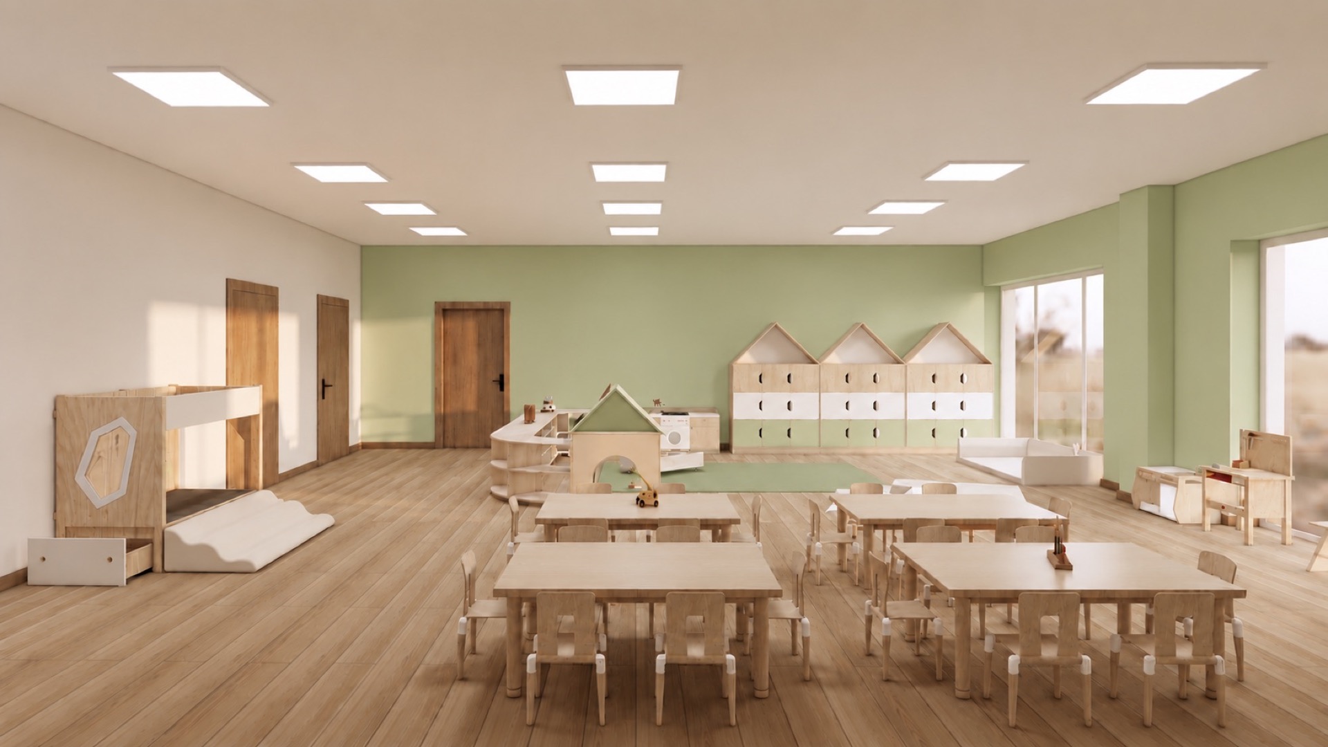 Sala na zielonej ścianie ze stolikami, szafkami i domkiem do zabawy